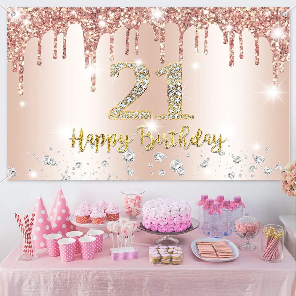 Happy 21st Birthday Party Decoration Backdrop Banner for Women, 21 Years Old Fabric Sign Poster, Rosegold Photo Background 21st Birthday Decotaions Party Supplies, 150x90cm - Image 6