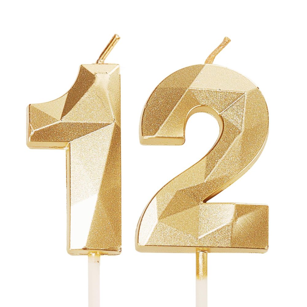 Gold 12th Birthday Candles Number 12 Candles for Birthday Cake, 12th Candles Gold 12 Birthday Candles for Cake, 12th Birthday Cake Toppers Cake Decorations for 12 Year Old Girls Boys