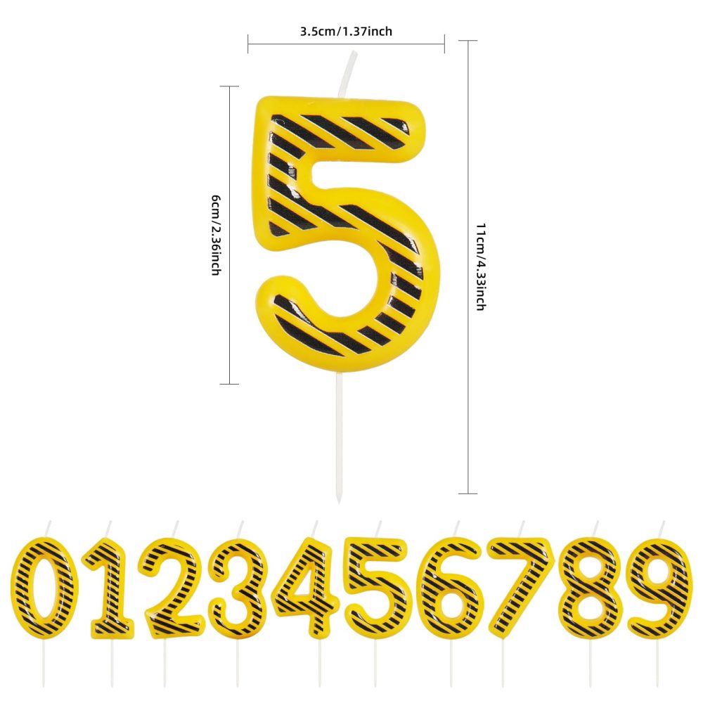 ZHIHUI Birthday Candle Construction Themed Birthday Party Decoration, Yellow and Black Striped Happy Birthday Cake Candle, Boys Girls Kids Birthday Cake Topper Reunions Theme Party Supplies (Number 5) - Image 6