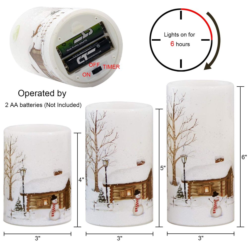 Eldnacele Christmas Flameless Candles Flickering with 6H Timer, 3 Pack Snow Scene Snowman Decal Real Wax Candles Lights LED Flames for Christmas Home Decoration Powered by 2 AA Batteries - Image 2