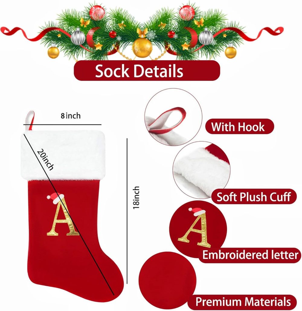 19 Inches Monogram Christmas Stockings with Letters, Large Super Soft Christmas Stockings Red Velvet with White Super Soft Plush Cuff for Christmas Xmas Tree Holiday Fireplace Family Decor Gifts (E) - Image 7