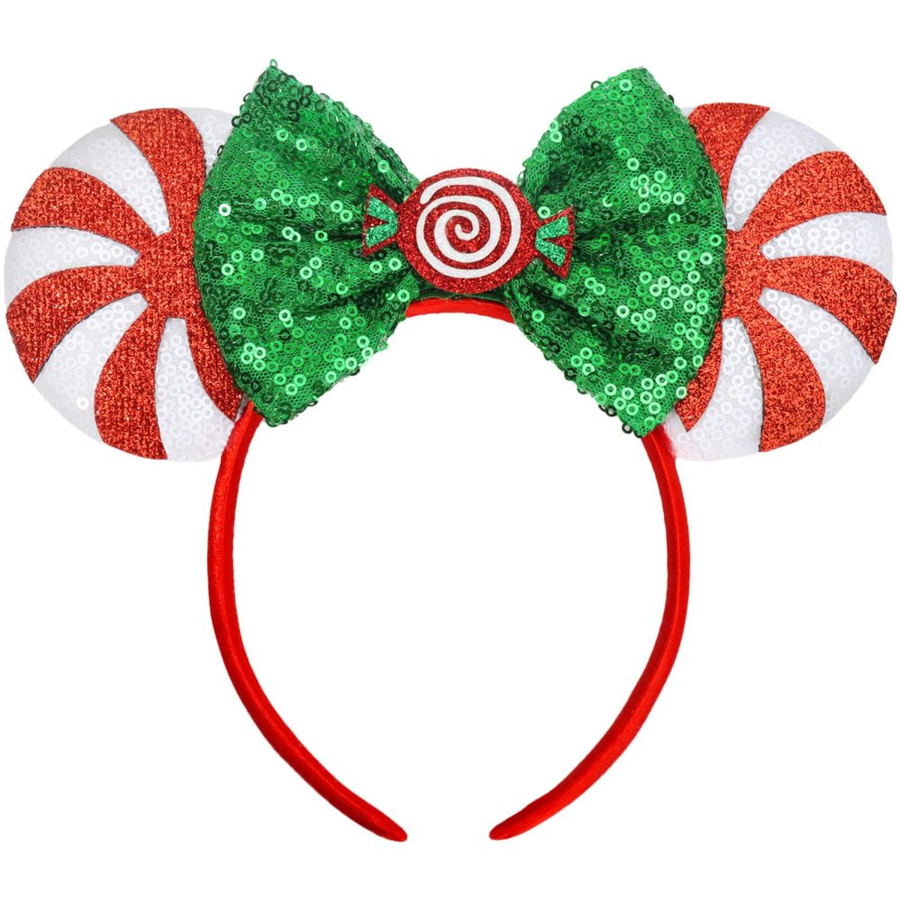 HXPLN Christmas Mouse Ears Headband with Light, Christmas Ears Bow Headband for Adult Women Christmas Party Park Ears Dress Up Accessories (Lolipop Led)