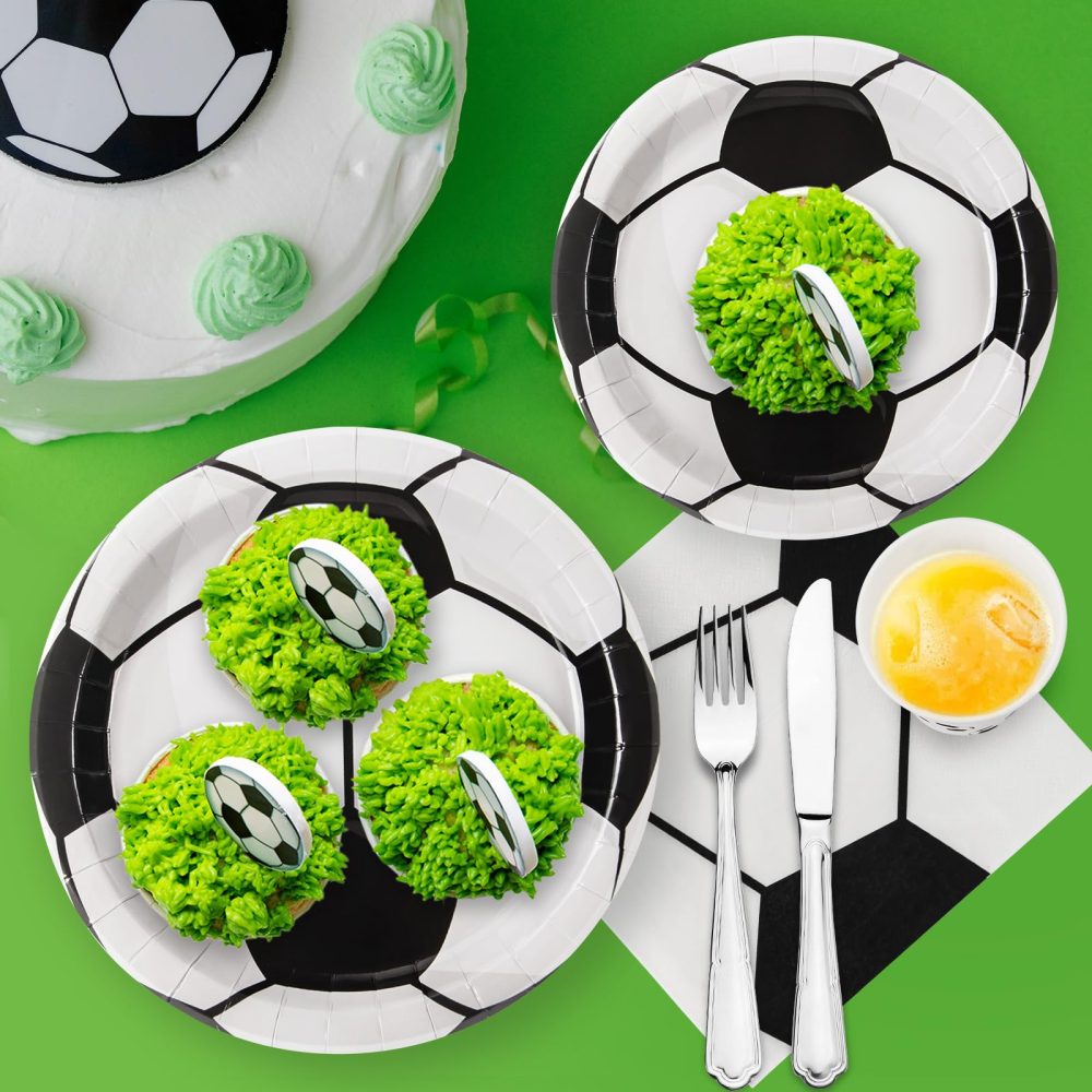 PARTY GO 96 Pcs Football Party Tableware Set, Paper Plates Cups and Napkins, Disposable Dinnerware Party Supplies for Birthday, Black White Football Soccer World Cup Decorations Serve 24 Guests - Image 5