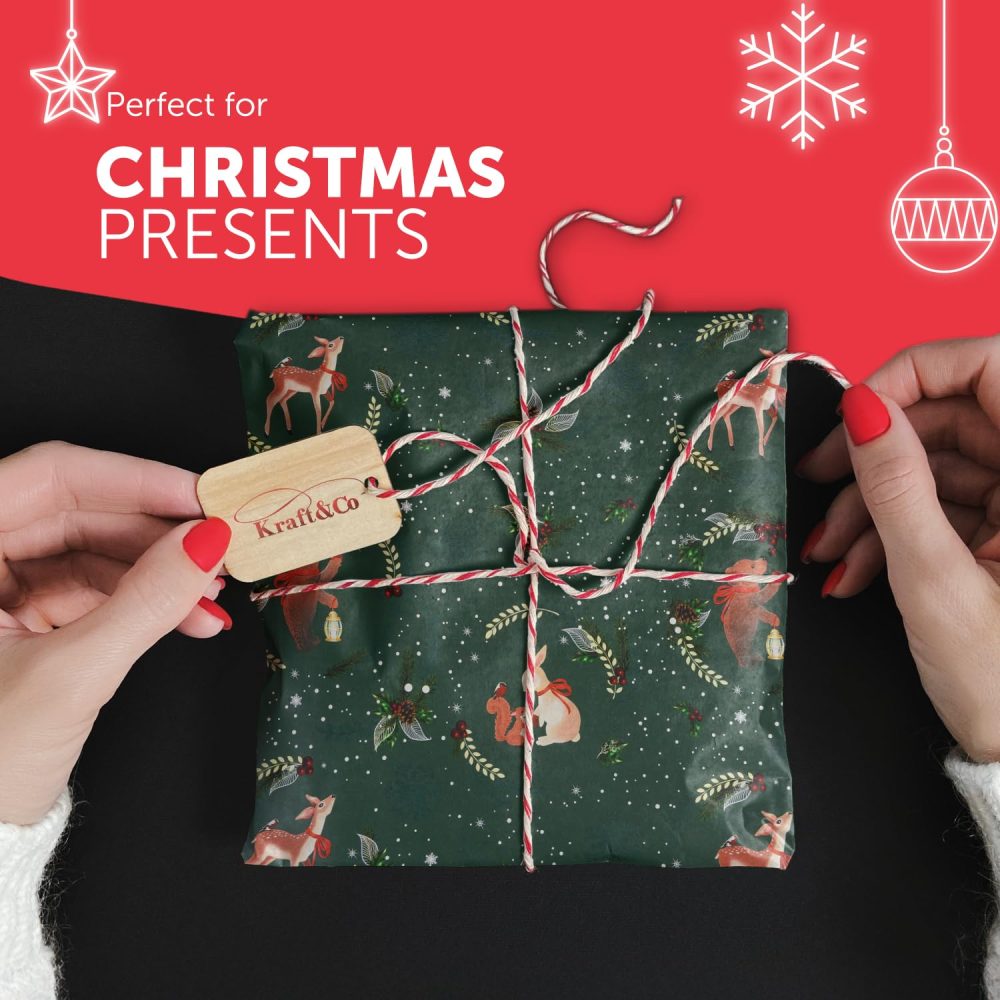 Kraft & Co Christmas Wrapping Paper Rolls - 4 Pack (69cm x 8M Each) Recyclable Kraft Xmas Gift Wrap, Festive Eco-Friendly Wrapping Paper for Christmas Gifts, Arts & Crafts (32M Total) - Image 5