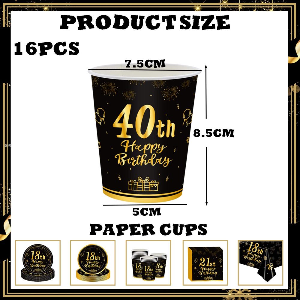 16Pcs Black Gold 40th Birthday Paper Cups,Birthday Tableware Party Cups Disposable,Happy 40th Birthday Table Decorations Cup Birthday Gifts for Women,Men,Ladies,Him,Her 40th Birthday Party Décor - Image 2