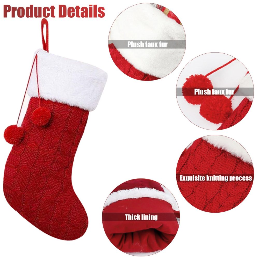 TATAFUN 2 Pack Knitted Christmas Stocking Red White Christmas Stocking Large Size Xmas Stockings Santa Stockings with Pompom for Christmas Party Decorations - Image 6