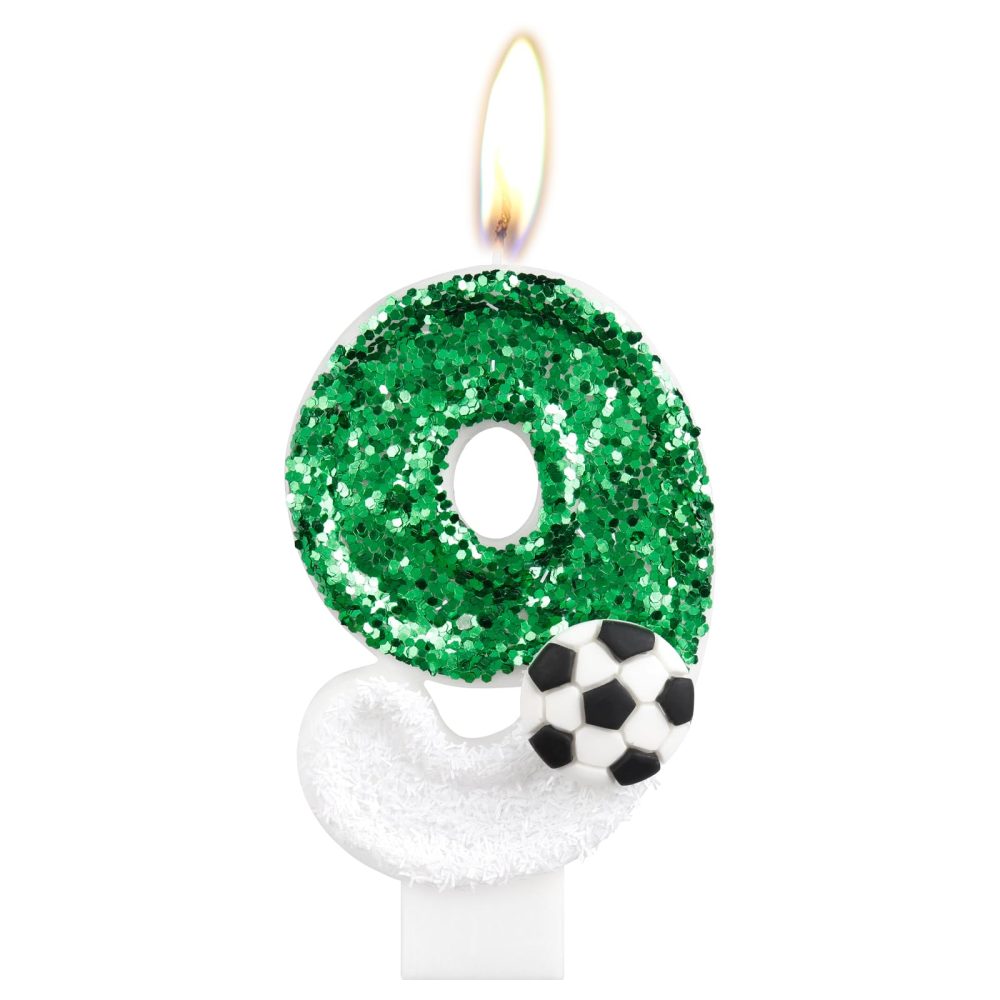 Football Birthday Number 9 Candle, Sparkling Sequin Green White Birthday Cake Topper Decorations for Birthday Party, Football-Themed Activities, Wedding, Anniversary Supplies