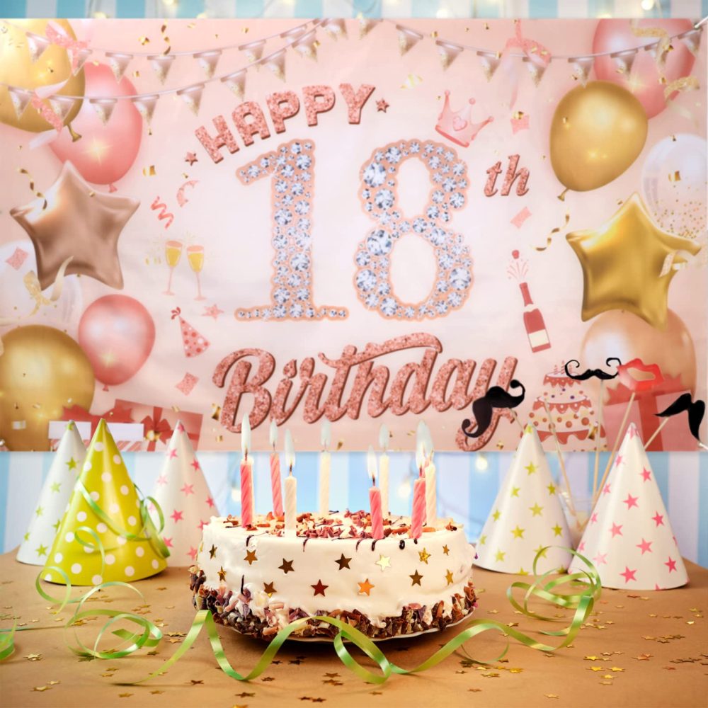 18th Happy Birthday Decoration, Rose Gold 18th Birthday Party Decoration Banners Photo Backdrop Poster Background Banners for Outdoor Indoor 18th Birthday Party Decoration Supplies - Image 4