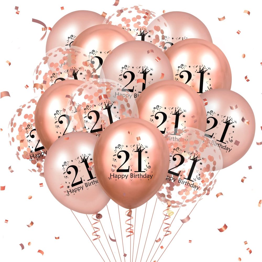 RUMIA 21th Birthday Balloons 18 Pcs Rose Gold Happy 21th Birthday Latex Balloons Confetti Balloons Rose Gold 21th Anniversary Birthday Party Decor for Girls Boys 18th Birthday Decor Supplies 12 inch