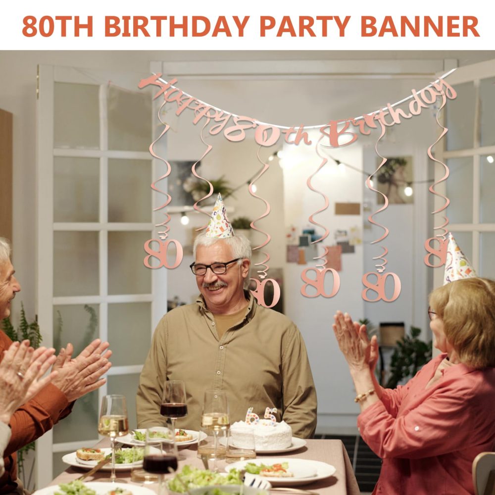 80th Birthday Party Decorations Set in Rose Gold Reusable Hanging Swirls Streams Ceiling Wall Decorations with Banners Metallic Streamers and Triangle Flags for Men Women's Birthday Supplies - Image 3