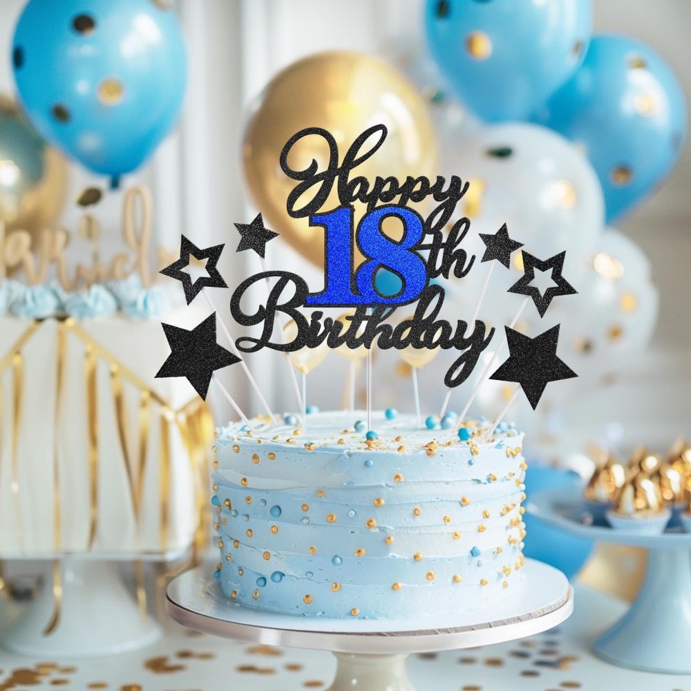 Happy Birthday Cake Topper 18, Eighteen Birthday Decorations Black Blue Glitter 18th Birthday Cake Decor with Star Sticks Birthday Anniversary Party Supplies for Boys Girls Teens Men Women - Image 4