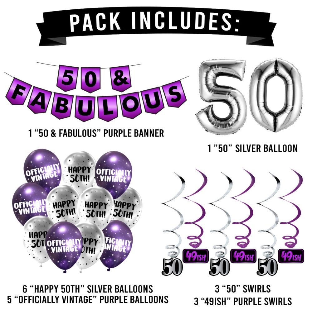 50 & Fabulous Birthday Party Pack - Purple & Silver Happy Birthday Bunting, Balloon, and Swirls Pack- Birthday Decorations - 50th Birthday Party Supplies - Image 6