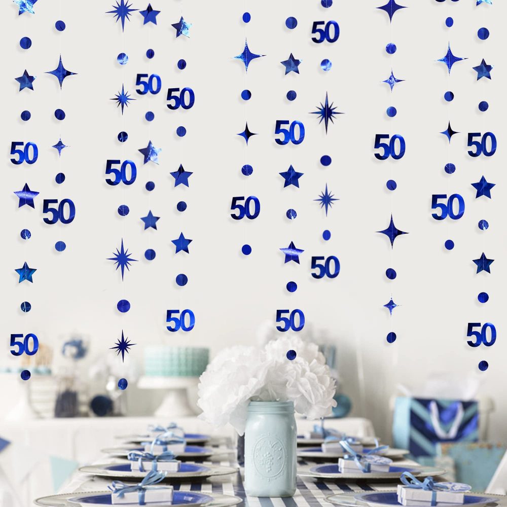 Navy Blue 50th Birthday Decorations Number 50 Circle Dot Twinkle Star Garland Metallic Hanging Streamer Bunting Banner Backdrop for 50 Year Old Birthday Happy 50th Anniversary Fiftieth Party Supplies - Image 2