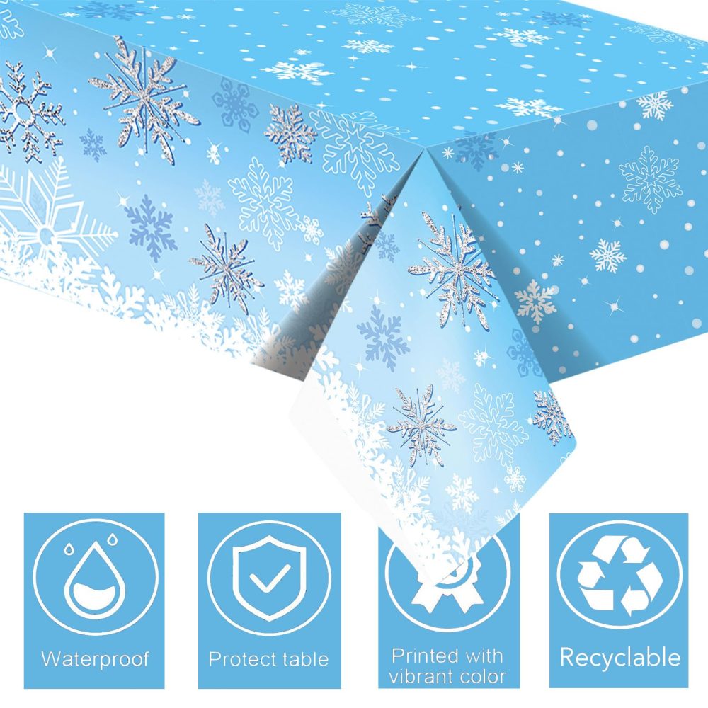 2PCS Christmas Tablecloth,130*220cm Blue Snowflake Xmas Party Table Cover,Disposable Rectangle Christmas Plastic Table Cloth for Christmas Party,Winter Holiday Frozen Party,Christmas Table Decoration - Image 4