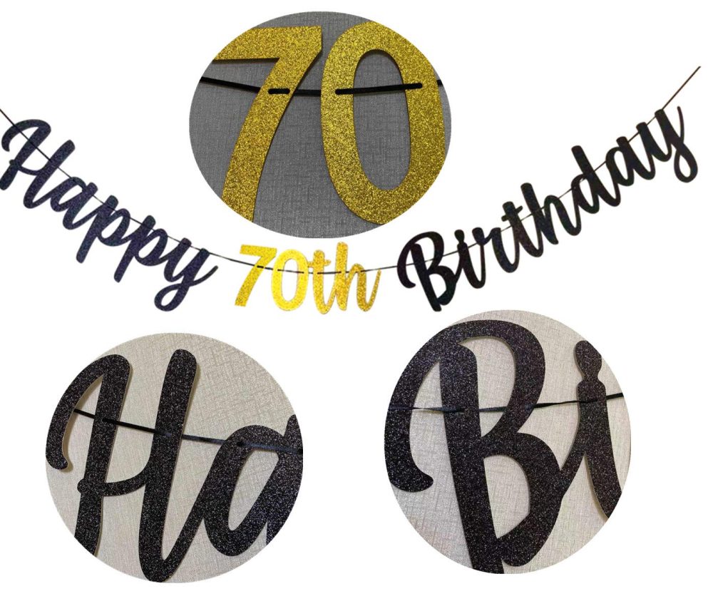 bng-bng 70th Happy Birthday Banner Black and Gold 70th Birthday Bunting Glitter Letter Garland for 70 years old Birthday Party Decorations Backdrop - Image 6