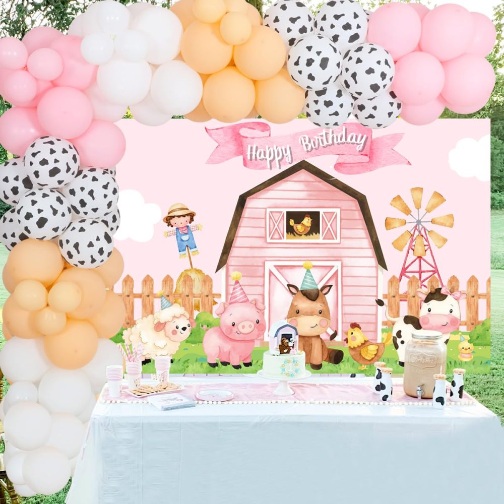 JOYMEMO Farm Animals Birthday Decorations for Girls, Cow Print Pink Balloon Garland Arch Kit, Farmhouse Barnyard Party Supplies with Backdrop for 1st 2nd Birthday - Image 3