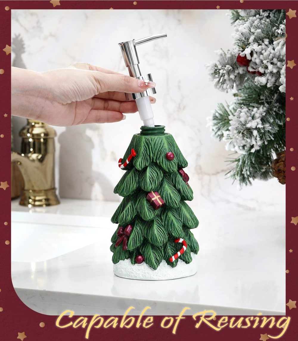Emibele Christmas Tree Lotion Dispenser, Resin Hand Soap Shampoo Shower Gel Dispenser Bottle, Refillable leak Proof Decorative Pump Bottle for Bathroom Kitchen Countertop 13.5oz/400ml, Green - Image 6