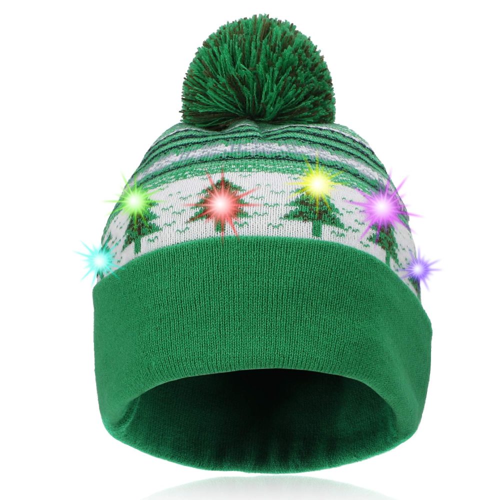 Hifot LED Light Up Hat Beanie Knit Cap Bright and Colorful Xmas Christmas Beanie Cap Warm Novelty Knitted Beanie Cap (Green Christmas Tree) - Image 7