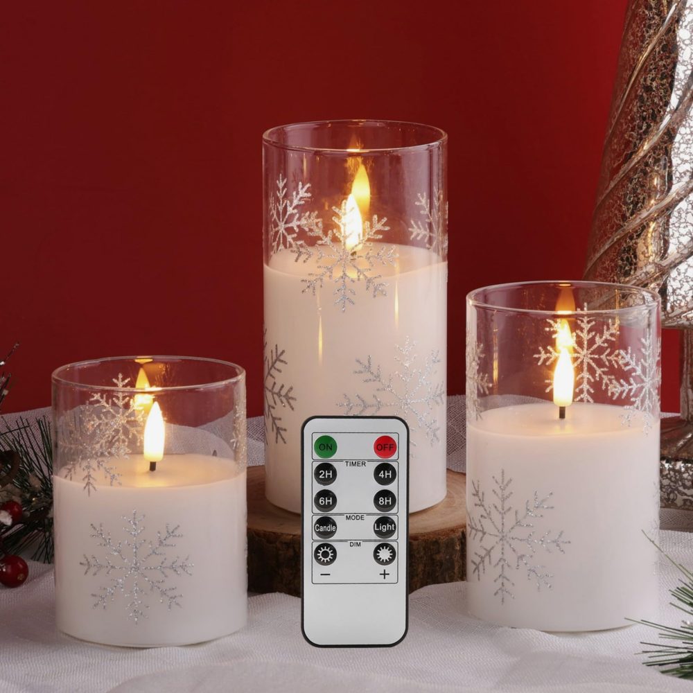 Eywamage Clear Snowflakes Glass Flameless Candles with Remote, Battery Operated Christmas LED Pillar Candles Set of 3