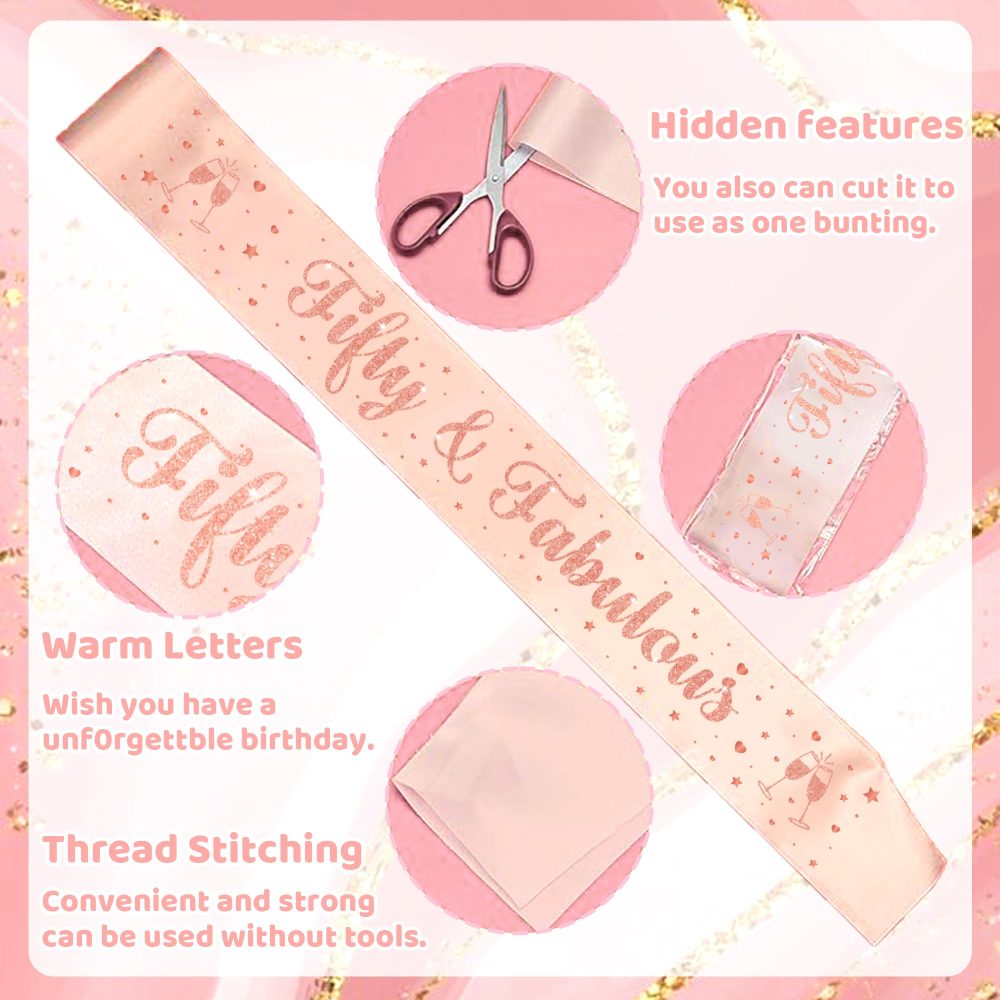 50th Birthday Decorations for Women - Rose Gold Happy 50th Birthday Banner Cake Topper Triangle Flag Sash Tiara Latex Confetti Balloons Party Decorations for Women Party Supplies - Image 6