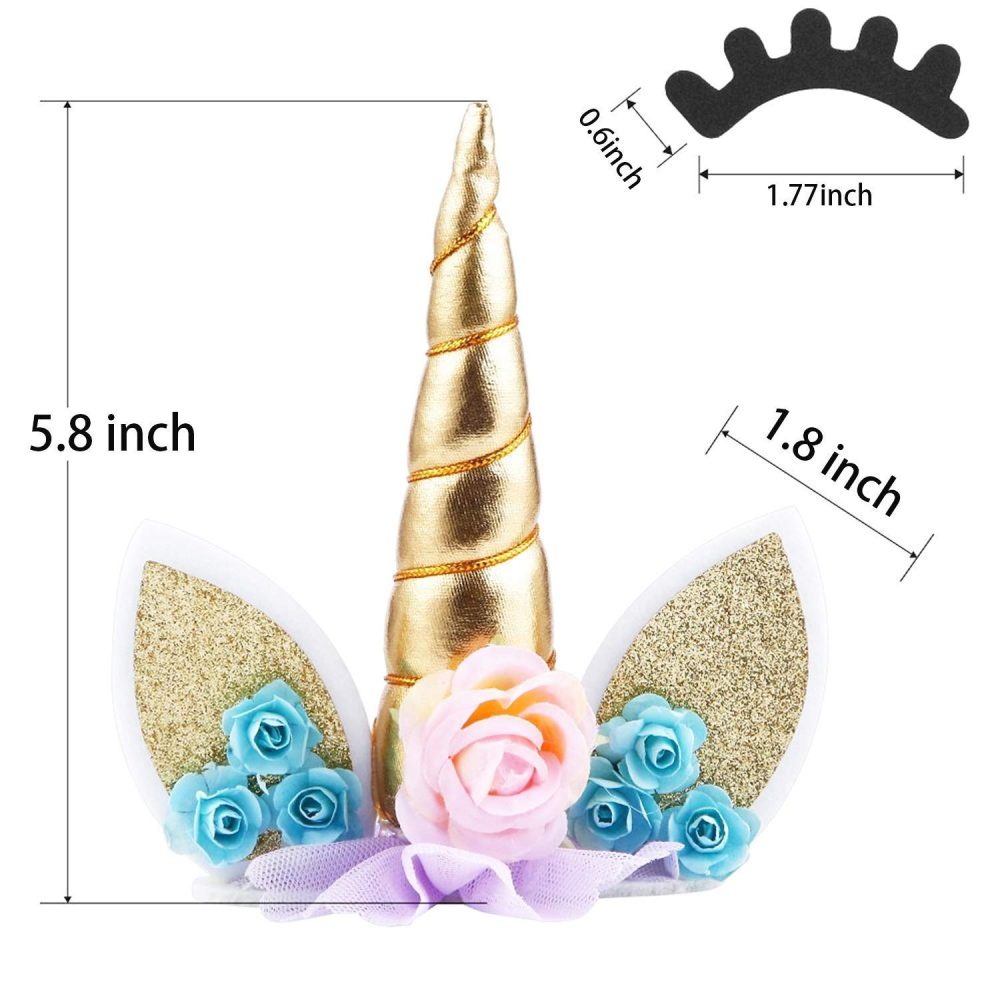 OWILL Unicorn Cake Topper with Eyelashes Party Cake Decoration Supplies for Birthday Party Wedding Baby Shower 5.8 inch (Green Flower Gold Horn) - Image 3