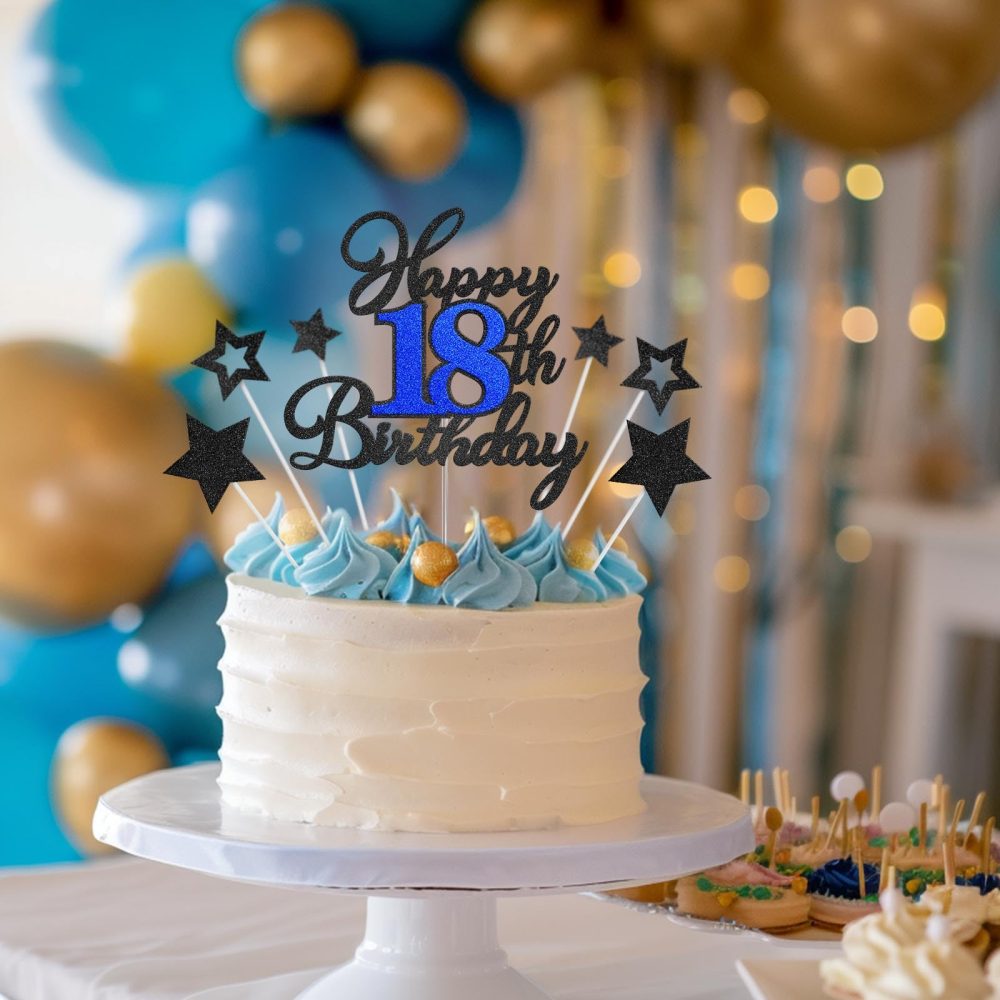 Happy Birthday Cake Topper 18, Eighteen Birthday Decorations Black Blue Glitter 18th Birthday Cake Decor with Star Sticks Birthday Anniversary Party Supplies for Boys Girls Teens Men Women - Image 2