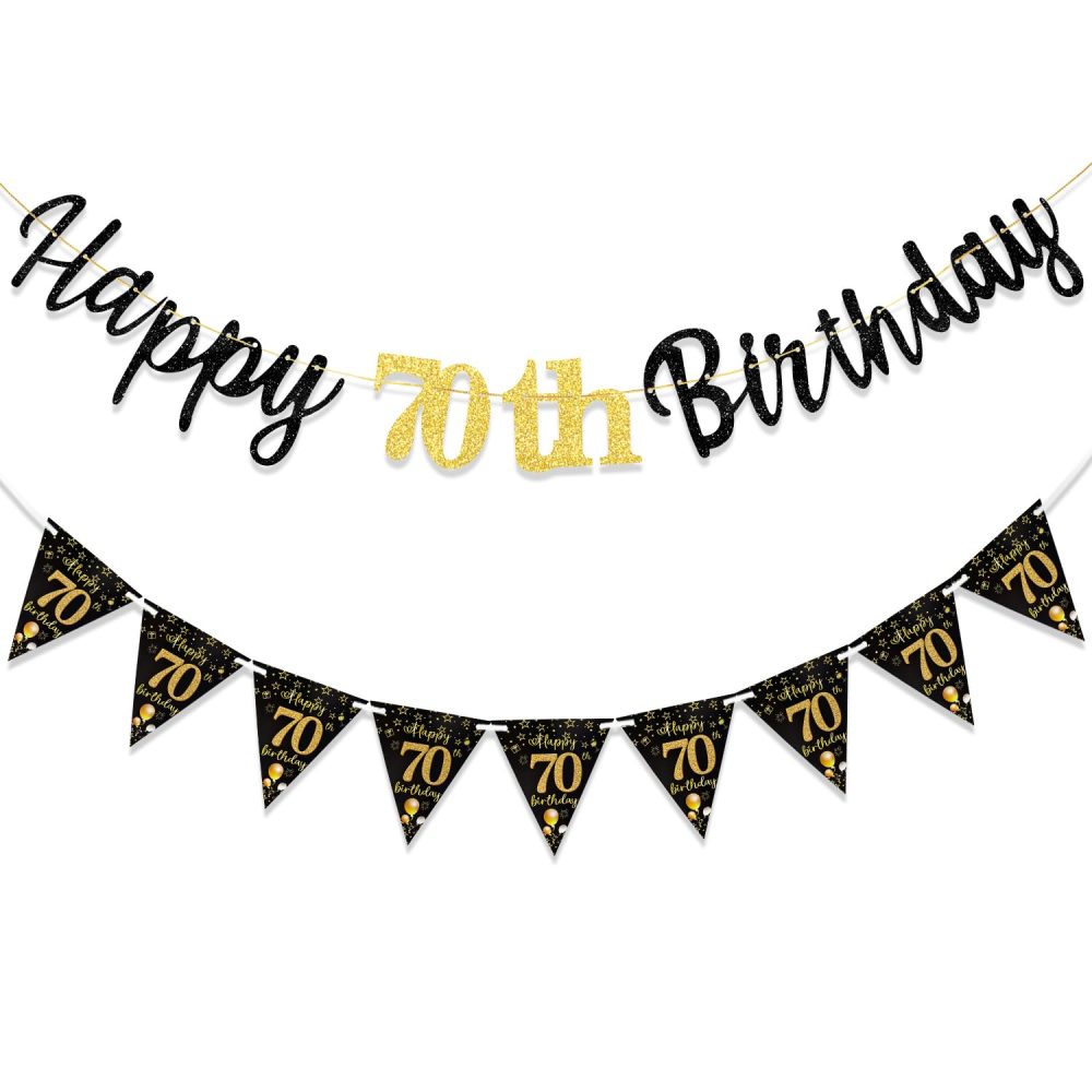 TOPWAYS 70th Birthday Decoration Banner Women Men, Black Gold 70th Birthday Decorations Happy 70th Birthday Banner for Women Men 70th Birthday Party Decorations (Birthday 70)