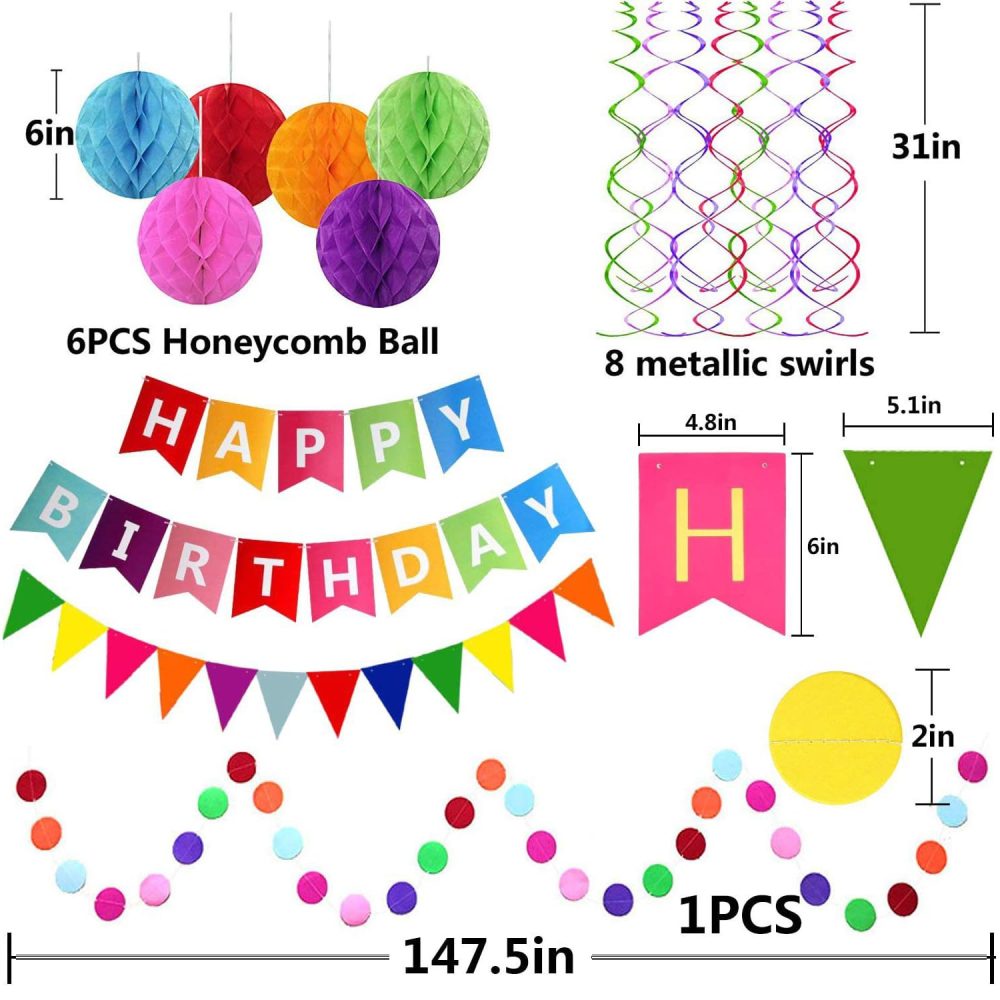 Birthday Party Decorations, Rainbow Happy Birthday Decorations Set, Happy Birthday Banner, Bunting, Metallic Hanging Swirls, Circle Parper Garland, Honeycomb Decorations Set for Girls and Womens - Image 6