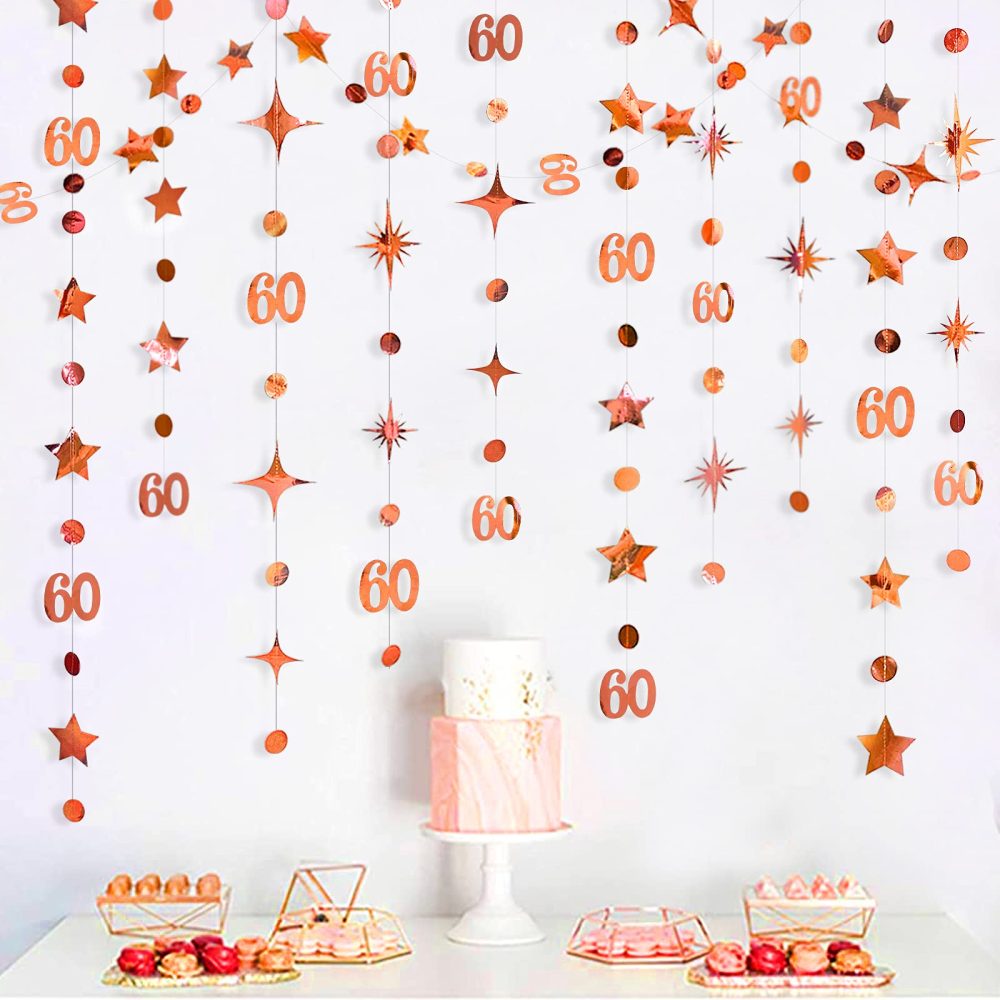 pinkblume Rose Gold 60th Birthday Decorations Number 60 Circle Dot Star Garland Metallic Hanging Streamer Bunting Banner Backdrop 60 Year Old Happy Birthday 60th Anniversary Sixty Party Supplies - Image 3