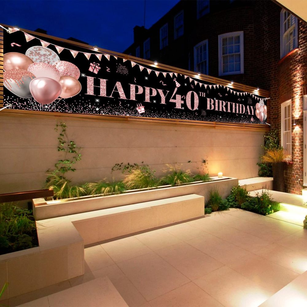 TUTUXMA Large Happy 40th Birthday Banner Black and Rose Gold Yard Sign Birthday Banner for Women Girl 40th Birthday Photo Backgroud Party Indoor Outdoor Decorations Supplies 118 × 19.6 Inch - Image 2
