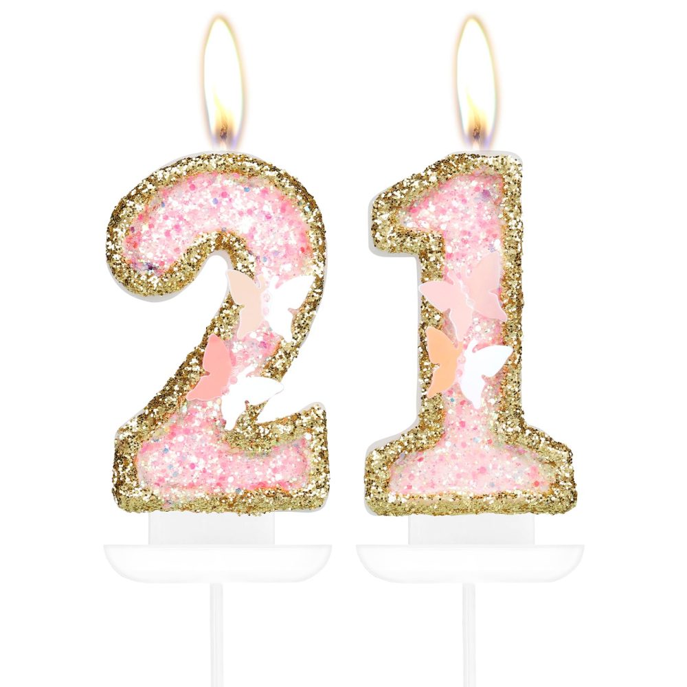 Butterfly 21st Birthday Number 21 Candles, Pink Gold Candles Cake Cupcake Topper for Cake, Girls 21st Birthday Cake Decorations, Butterfly 21st Birthday Candle Cake Topper for Butterfly Theme Party