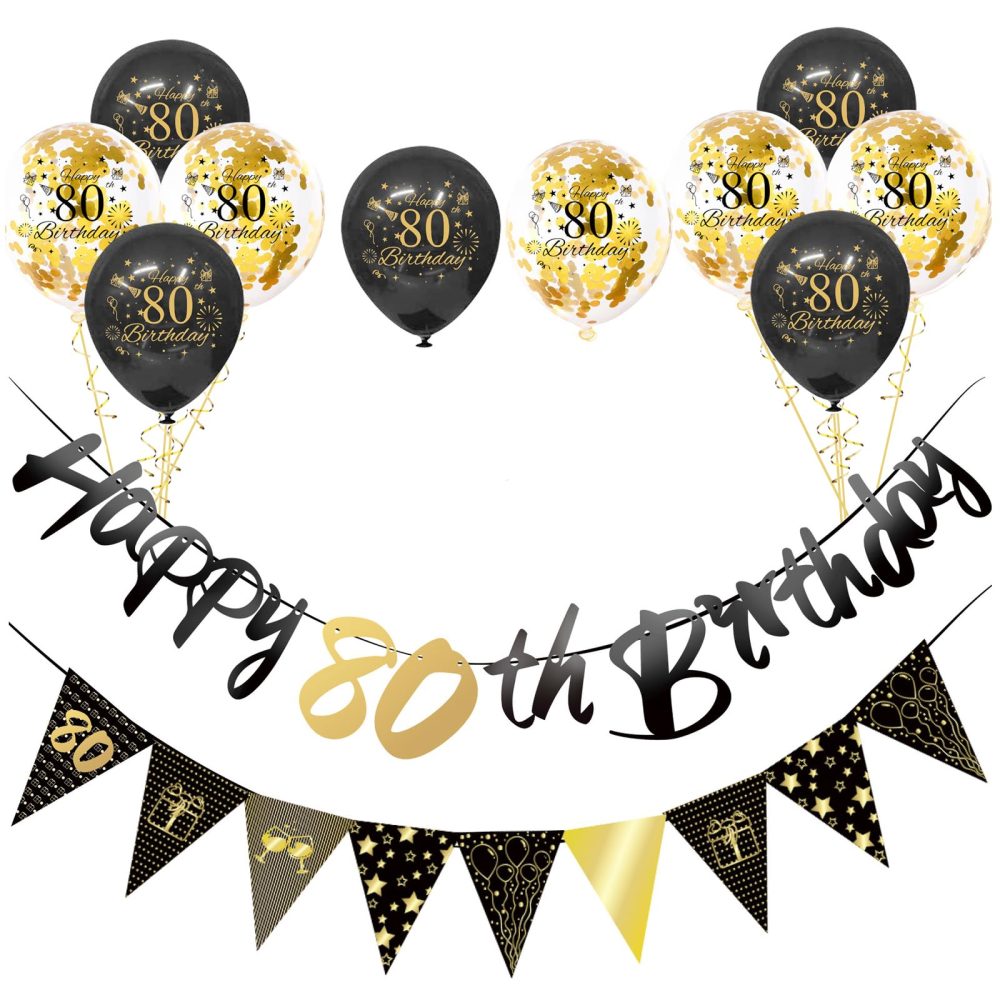 Black Gold 80th Birthday Decorations for Men Women,12pcs 80th Birthday Decor Kit Happy 80th Birthday Bunting Banner Triangle Flag 80th Birthday Balloons for Him Her 80th Birthday Party Decorations