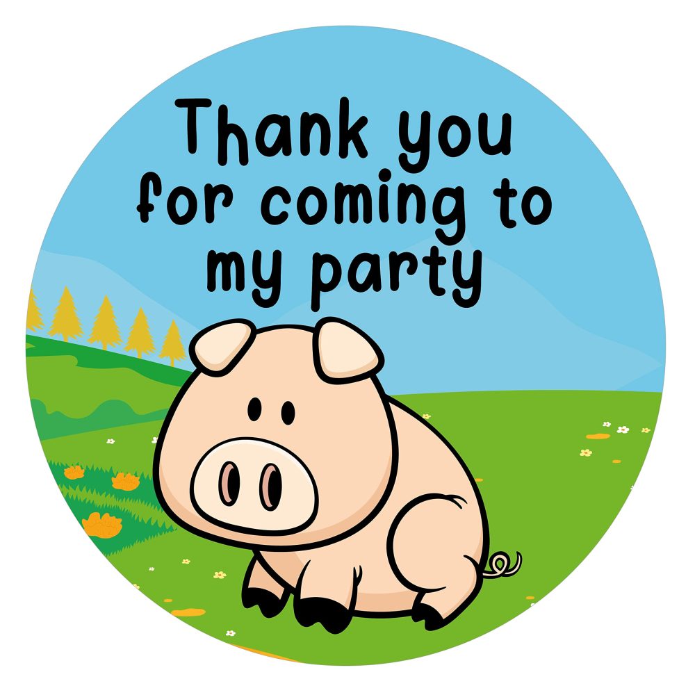 40mm Farm Animal Thank You for Coming to My Party Round Stickers for Party Bags & Sweet Cones: Cow, Sheep, Chicken & Pig (24 x Stickers) - Image 2