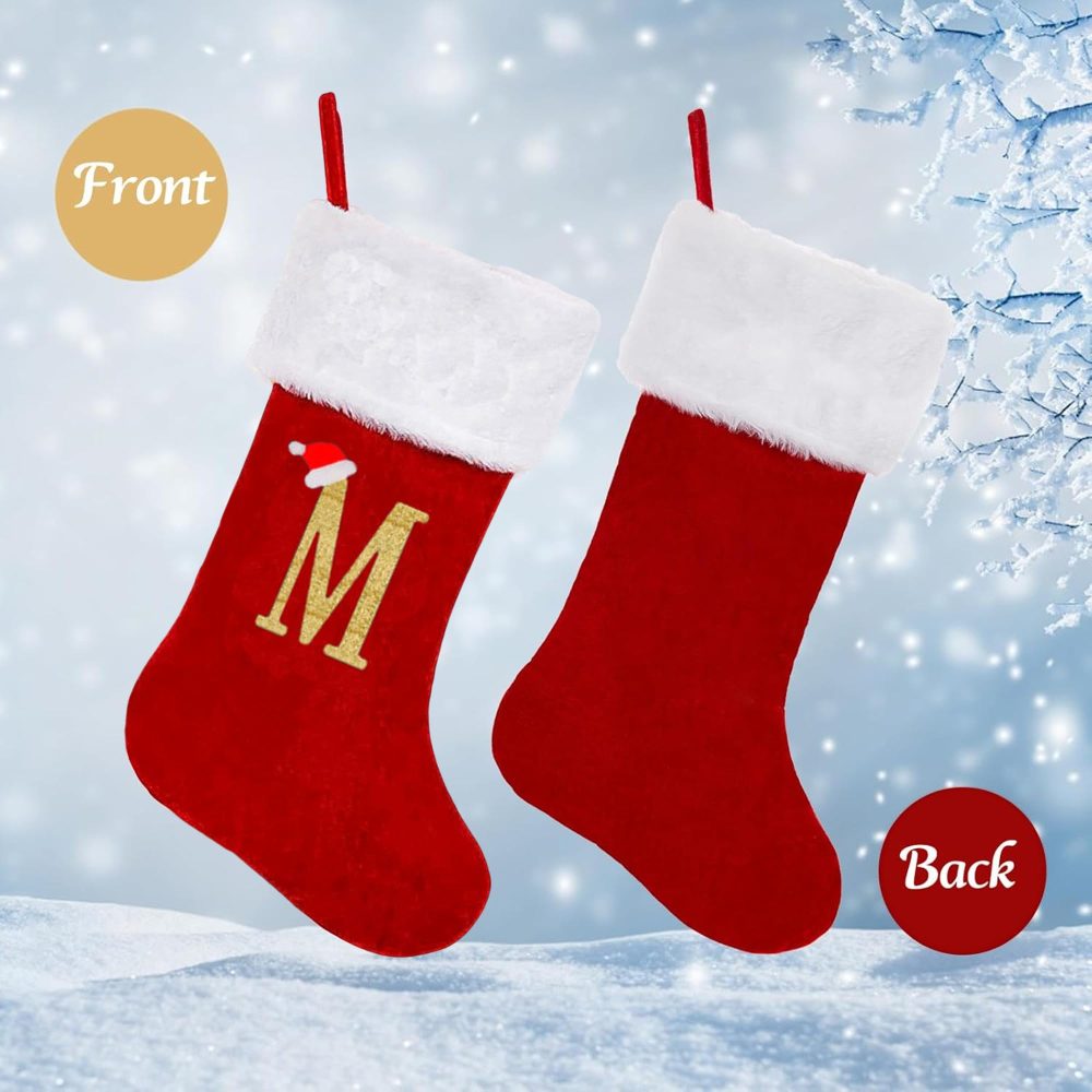 19 Inches Monogram Christmas Stockings with Letters, Large Super Soft Christmas Stockings Red Velvet with White Super Soft Plush Cuff for Christmas Xmas Tree Holiday Fireplace Family Decor Gifts (E) - Image 5