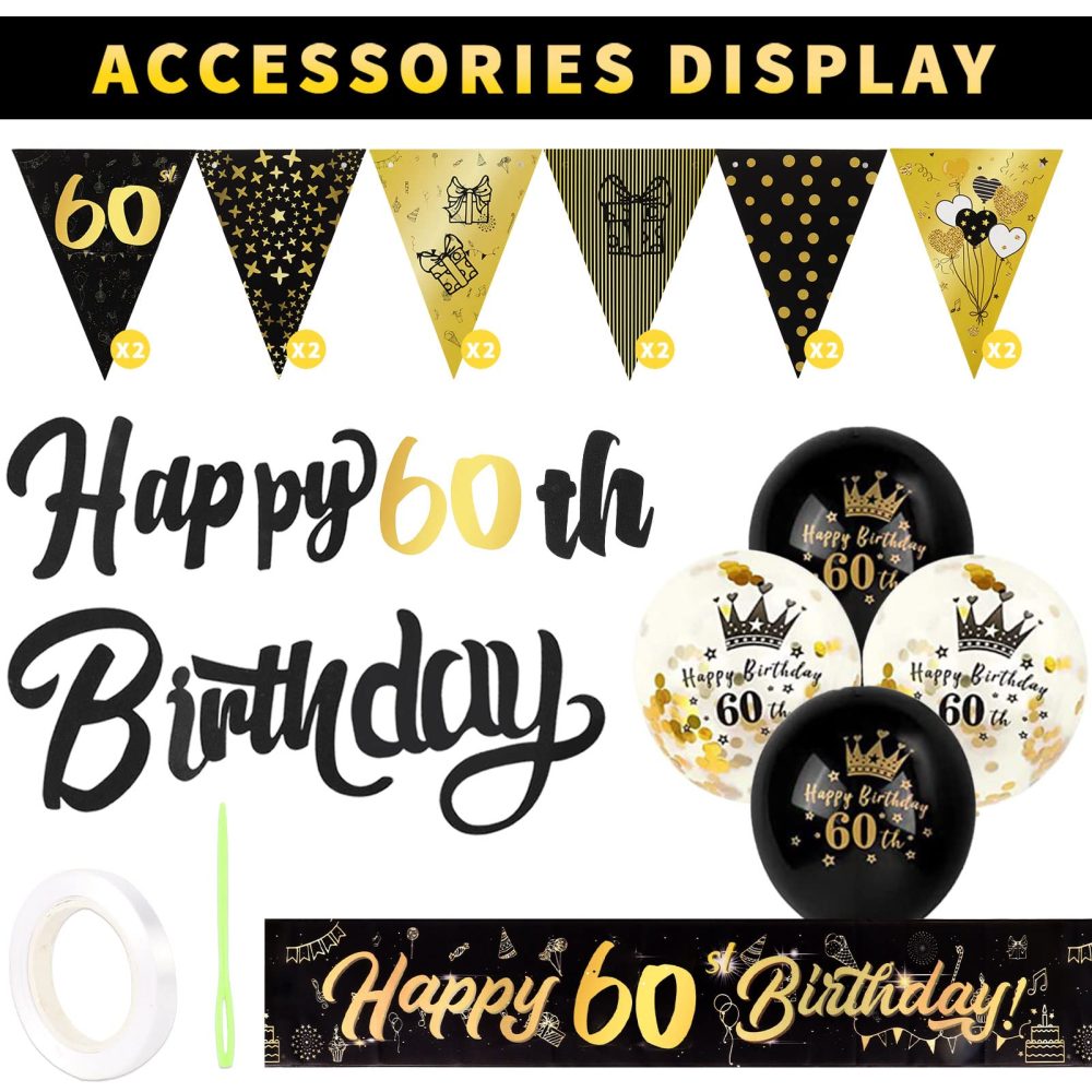 60th Birthday Decoration Kit, 13 Pieces Birthday Party Decoration Include Happy 60th Birthday Banner, Bunting, 12” Latex Printed Balloons, 9ft Banner for Women Men 60th Birthday Decorations Supplies - Image 2