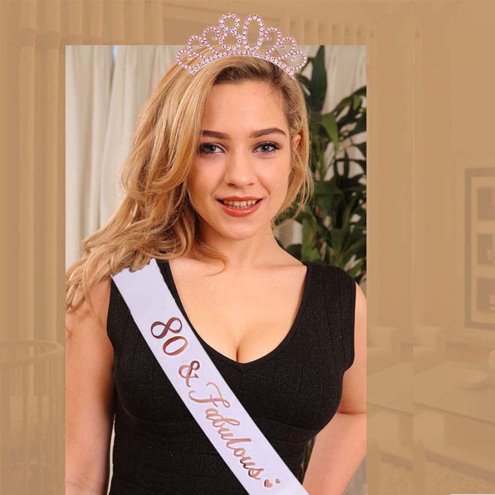 80th Birthday Sash and Crystal Tiara Birthday Crown for 80th Birthday Decorations Women Birthday Gift Party Accessories - Image 2
