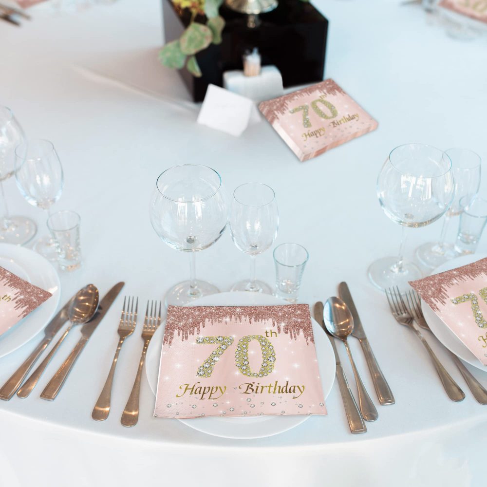 VReder Rose Gold 70th Birthday Decorations Paper Napkins, 40pcs Disposable Paper Birthday Napkins Table Decoration for Women 70th Birthday Party Supplies Table Decoration (70th Birthday) - Image 3