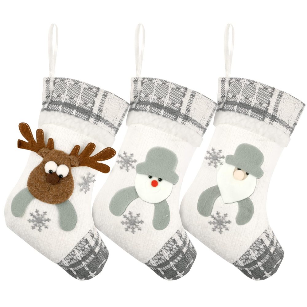 Christmas Stocking, 3pcs Personalised Christmas Stockings, Xmas Stockings with Santa/Snowman/Reindeer, Sock Sack Gift Bag for Fireplace, Christmas Tree Decoration (Grey)