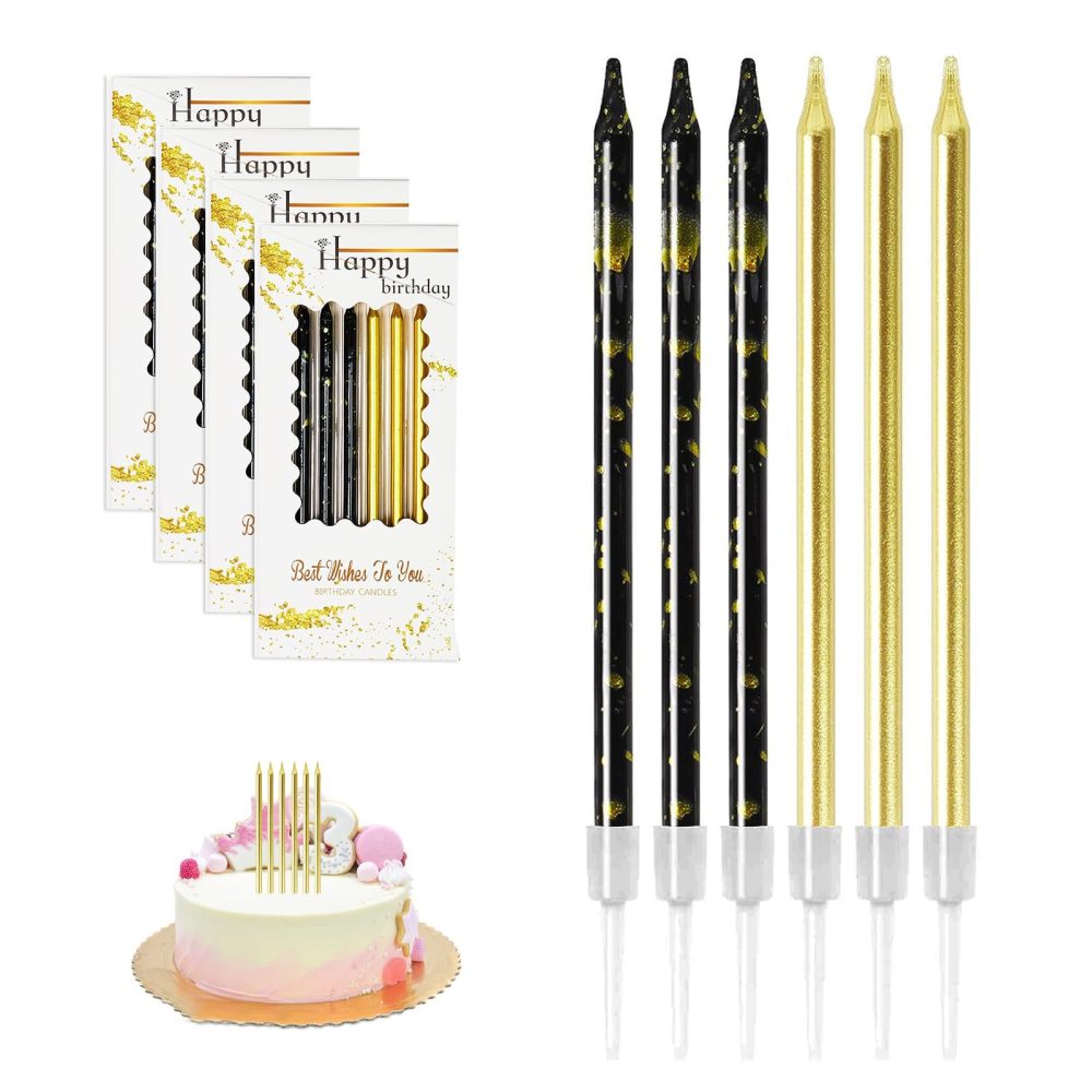 Birthday Candles for Cakes，24pcs Gold Candles Black Candle Set,Cake Candles for Black and Gold Birthday Decorations,Wedding Party Decoration Cake Candles,Birthday Cakes Candles 10cm Tall