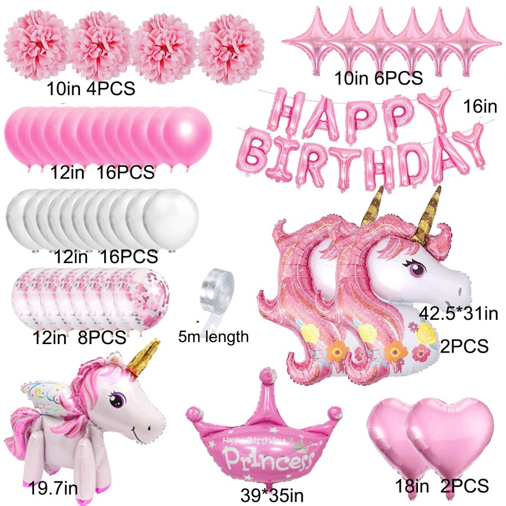 Unicorn Birthday Party Decorations Balloons Girls Pink with Happy Birthday Balloons Huge Unicorn Balloons Heart Shaped Foil Balloons Princess Crown Pom Poms Balloons Party Decoration - Image 3