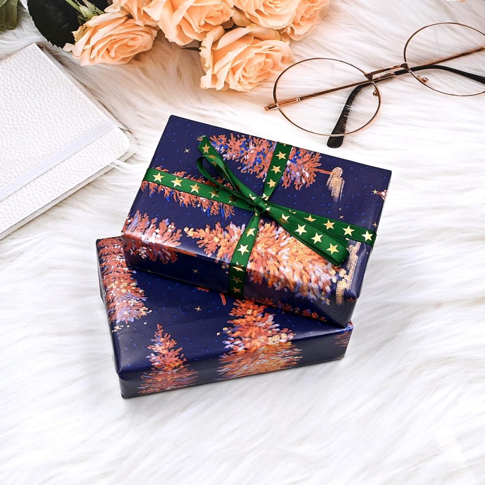 43cm*10m Purple Christmas Wrapping Paper Roll Printed With Pink Xmas Tree, Topeedy Recyclable Xmas Wrapping Paper for Christmas Party Gift Boxes Packing- pink tree - Image 2