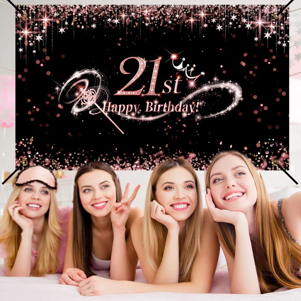 Rose Gold Happy 21st Birthday Banner Backdrop Decorations for Girls Extra Large Fabric 21 Year Old Birthday Finally Legal Twenty One Party Photography Background Decor Sign Photo Booth Party Supplies - Image 3