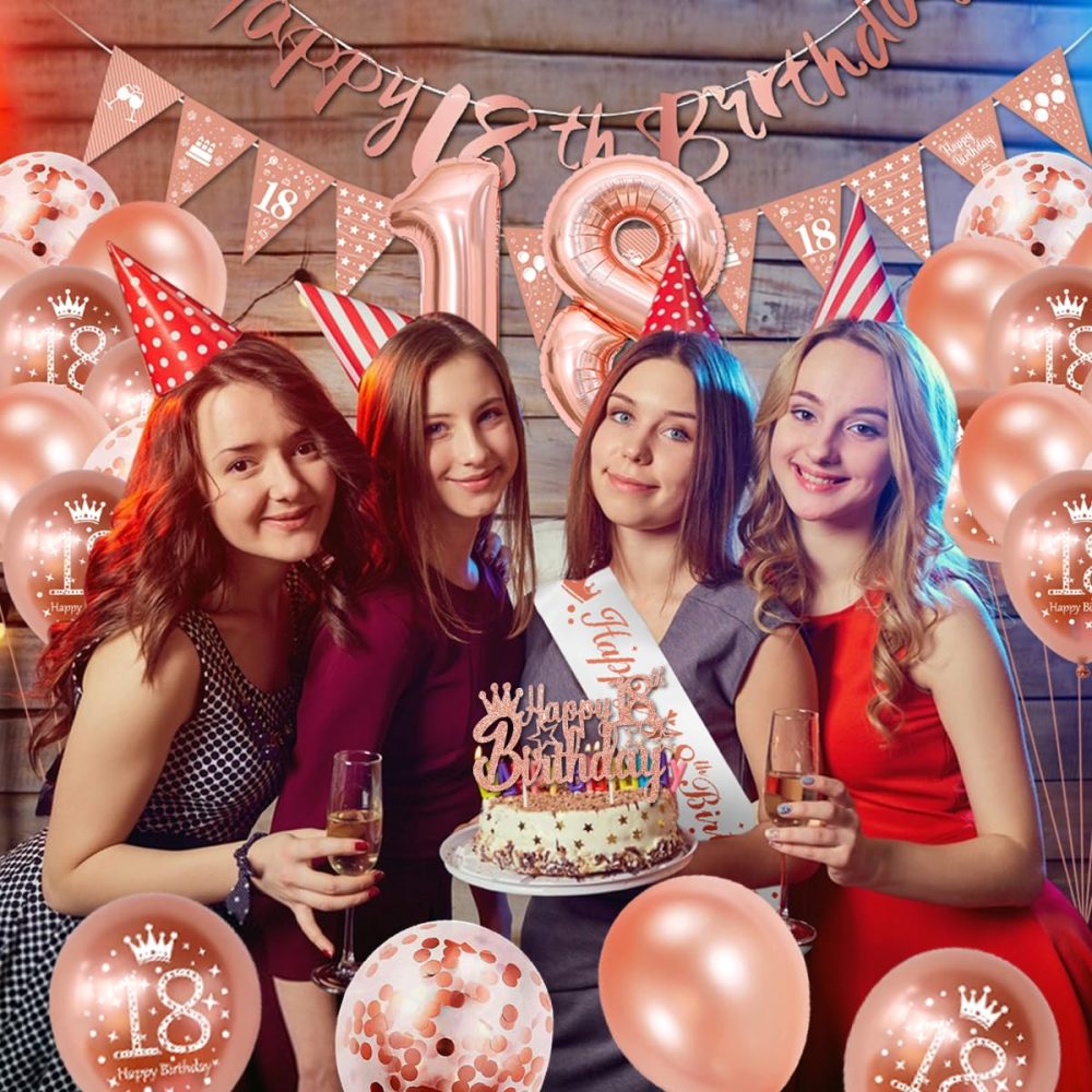 18th Birthday Decorations, Rose Gold 18th Birthday Decorations for Girls,Happy 18th Birthday Banner Triangle Flag Bunting 18th Birthday Sash 18 Balloons Cake Topper for Happy 18 Party Supplies Favor - Image 5