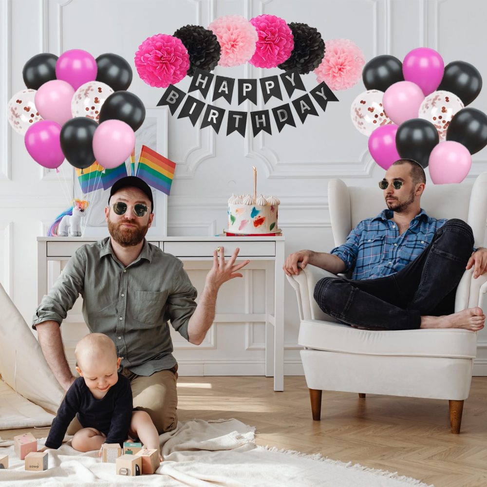 Pink And Black Birthday Decorations, Hyballustw Hot Pink And Black Balloons with Happy Birthday Banner for Girl Birthday Party Decorations for Girls Women Birthday Party Decorations - Image 4