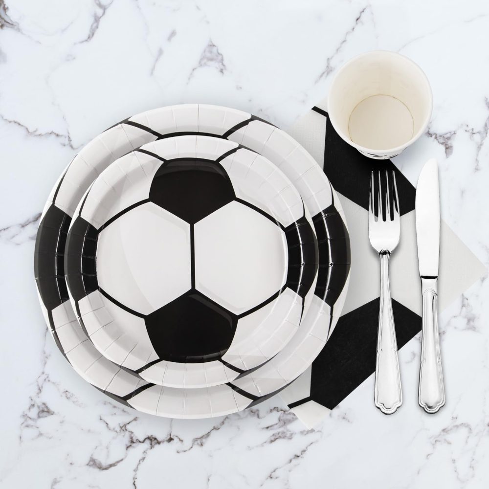 PARTY GO 96 Pcs Football Party Tableware Set, Paper Plates Cups and Napkins, Disposable Dinnerware Party Supplies for Birthday, Black White Football Soccer World Cup Decorations Serve 24 Guests - Image 6