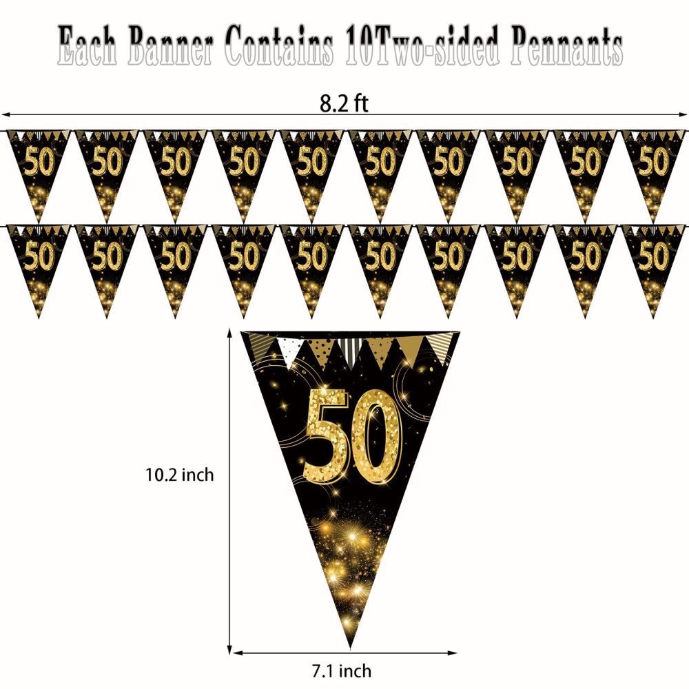 KTFNOMES Happy 50th Birthday Banner Bunting Flags Gold and Black Glitter Anniversary Party Decoration Supplies,50th Birthday Triangle Flag Banners for Men Women,7.1 x 10.2 inch,40 Pieces - Image 5