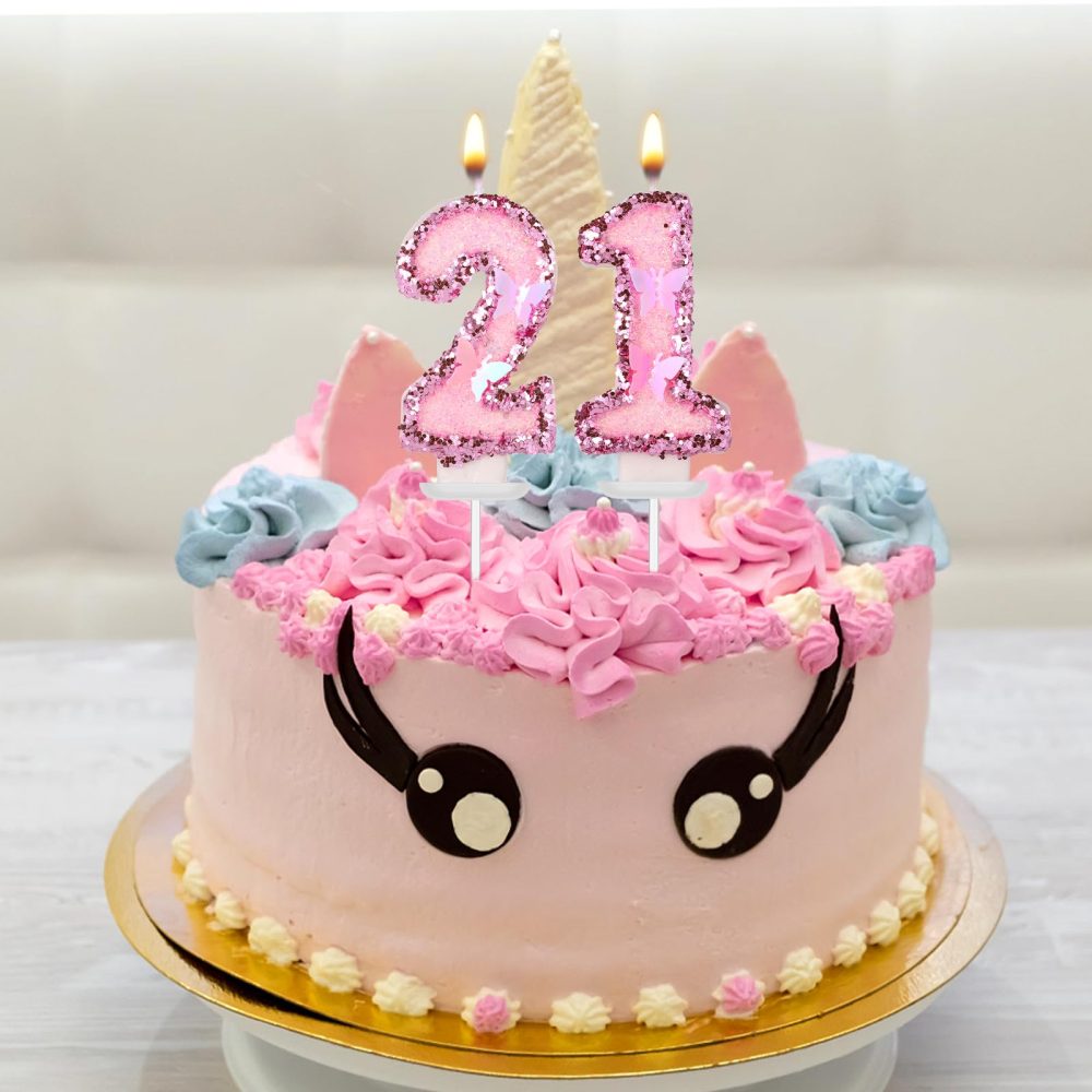 Girls Birthday Number 21 Candles, 2.95in Glitter Butterfly Happy Birthday Cake Toppers Pink Sequins Wedding Numeral Cupcake Decorations for Anniversary Celebration Party Supplies (21th) - Image 2