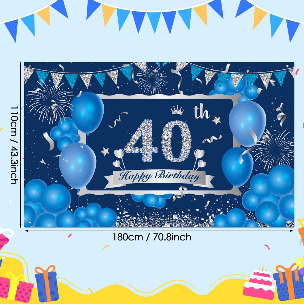 Blue 40th Birthday Decorations Banner for Men, Navy Blue Silver Happy 40th Birthday Banner Backdrop, Large Blue 40th Birthday Banner for 40th Birthday Party Decorations Supplies 72.8 x 43.3Inch - Image 6