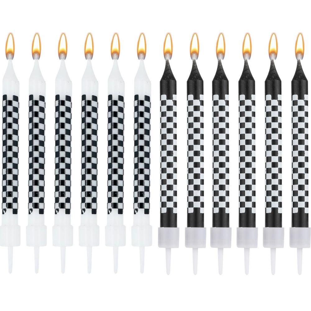 12pcs Racing Cars Themed Birthday Candles, Black and White Birthday Checkered Candles Cake Topper Candle for Racing Car Party Birthday Party Baby Shower Favors