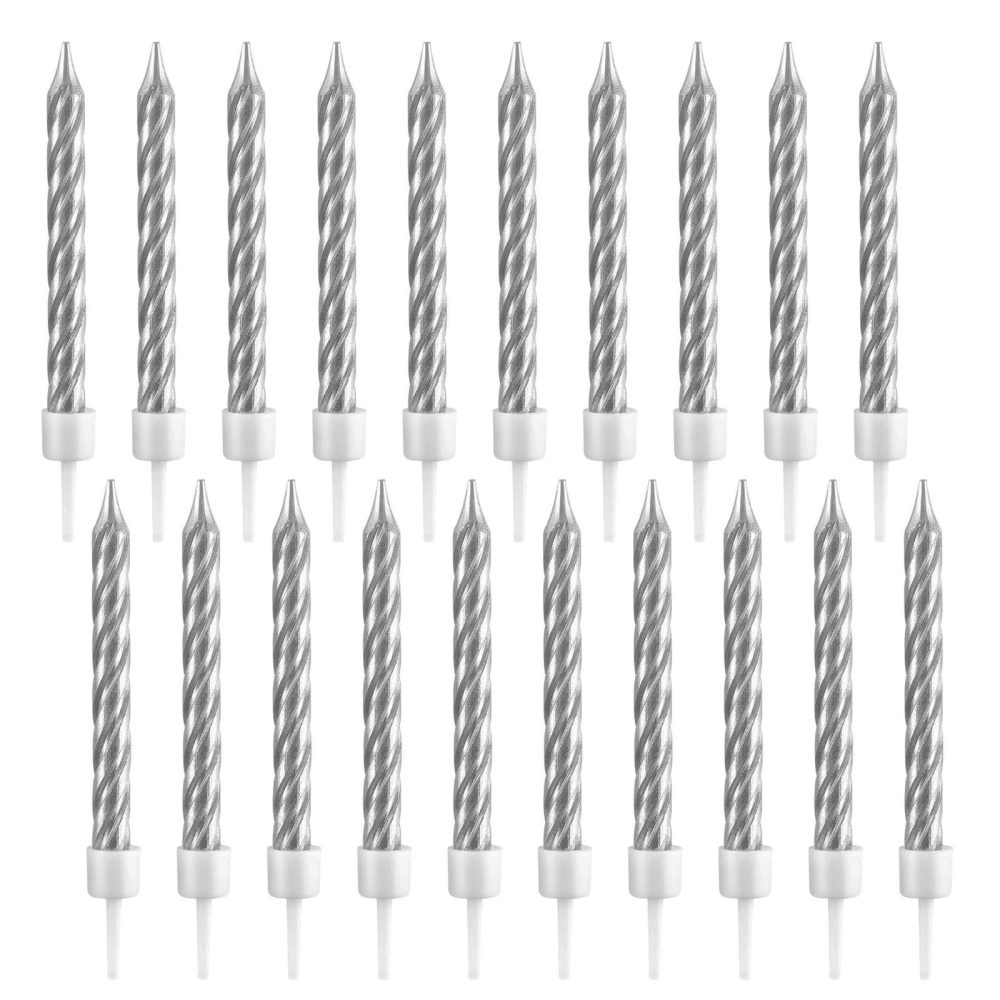 JUHONNZ Spiral Birthday Candles,20 Pcs Metallic Cake Candles with Holder for Birthday Wedding Party Cupcakes Topper Decorations,Silver
